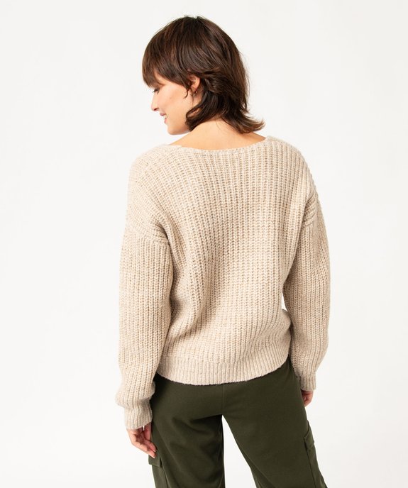 Pull à col V en maille ajourée à paillettes femme  vue3 - GEMO(FEMME PAP) - GEMO