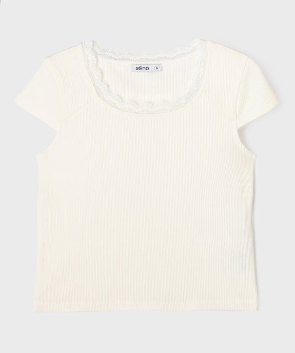 Tee-shirt manches courtes en maille côtelée avec col dentelle fille vue1 - GEMO (ENFANT) - GEMO