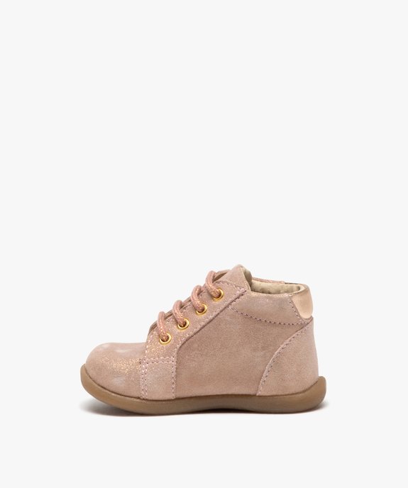 Chaussures premiers pas bébé fille en cuir suédé pailleté et à lacets  vue3 - GEMO(BEBE DEBT) - GEMO