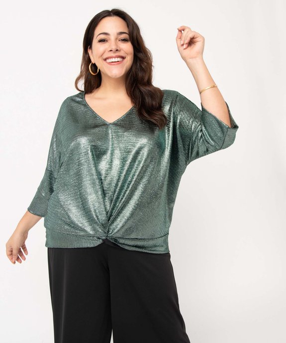 Tee-shirt femme grande taille à manches courtes, paillettes et nœud dans le bas vue1 - GEMO (G TAILLE) - GEMO