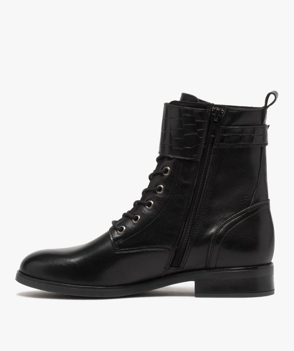 Boots femme à talon plat dessus cuir uni style rangers vue3 - GEMO (CASUAL) - GEMO