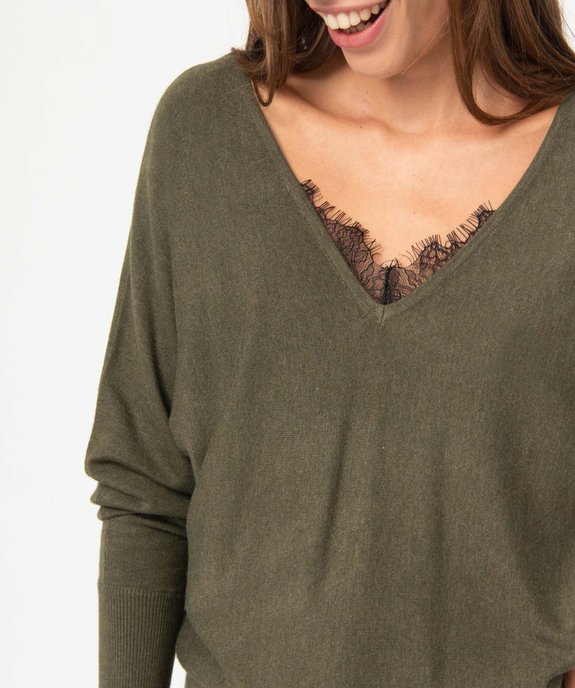 Pull femme en maille fine avec double col V bordé de dentelle vue2 - GEMO 4G FEMME - GEMO