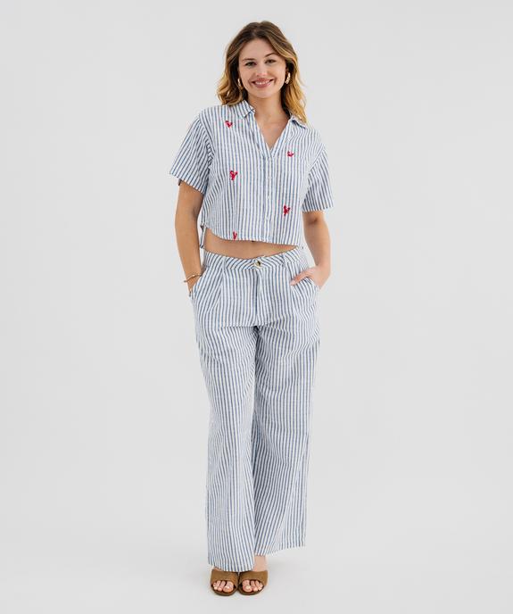 Pantalon large en coton rayé et texturé femme vue4 - GEMO(FEMME PAP) - GEMO