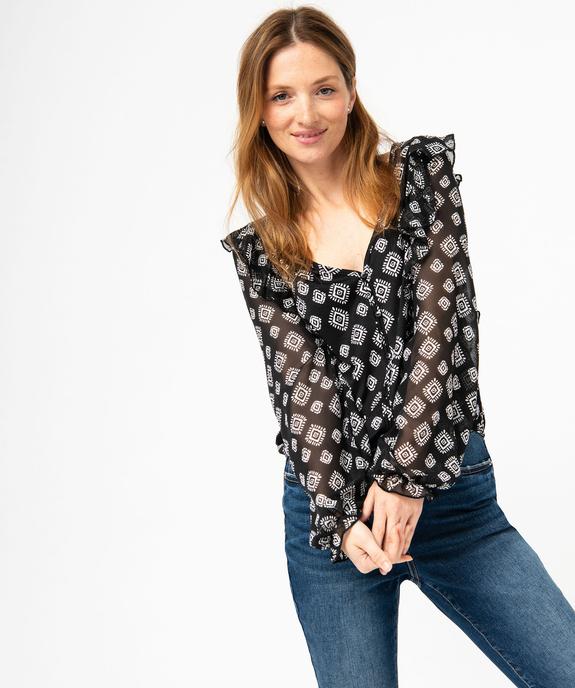 Tee-shirt femme imprimé à manches longues en voile et volants vue1 - GEMO(FEMME PAP) - GEMO