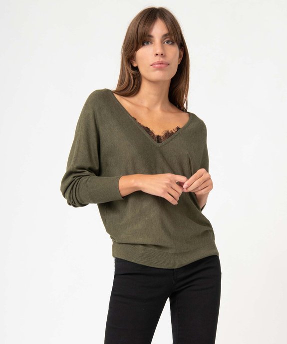 Pull femme en maille fine avec double col V bordé de dentelle vue1 - GEMO 4G FEMME - GEMO