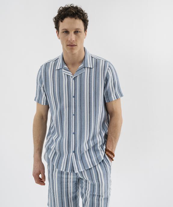 Chemise manches courtes col cubain en textile de coton tissé rayé homme vue1 - GEMO 4G HOMME - GEMO