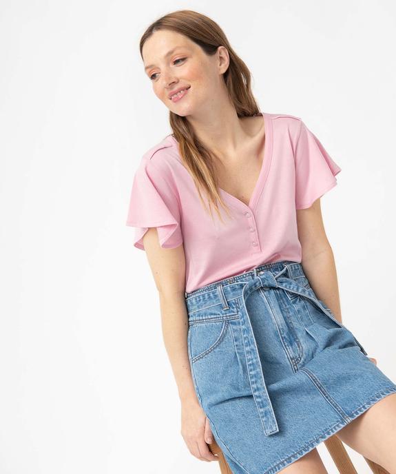 Tee-shirt femme à col V et manches volantées vue1 - GEMO 4G FEMME - GEMO