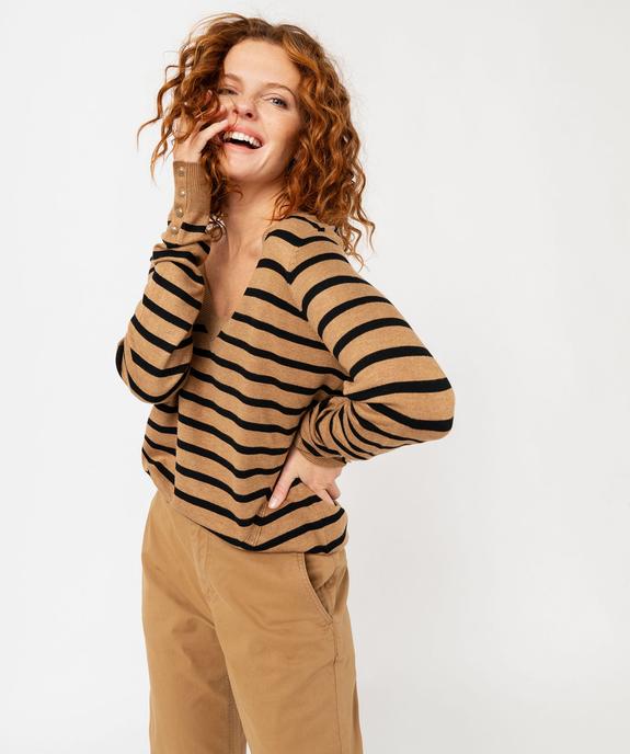 Pull rayé à col V avec boutons aux poignets femme vue5 - GEMO 4G FEMME - GEMO