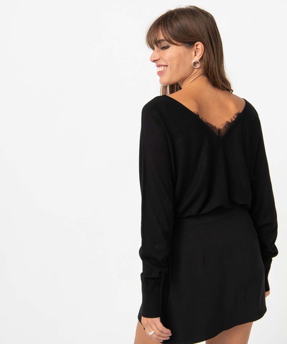 Pull femme en maille fine avec double col V bordé de dentelle vue3 - GEMO 4G FEMME - GEMO