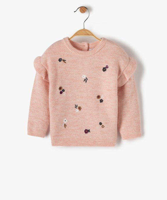 Pull bebe fille avec motifs fleurs brodes et volant aux epaules