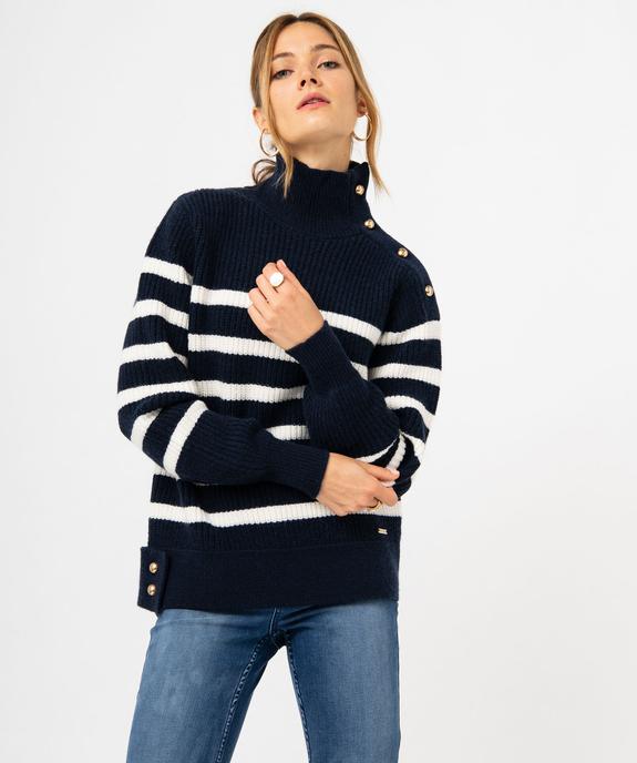 Pull marinière rayé en gosse maille col cheminée femme - LuluCastagnette vue2 - LULUCASTAGNETTE - GEMO