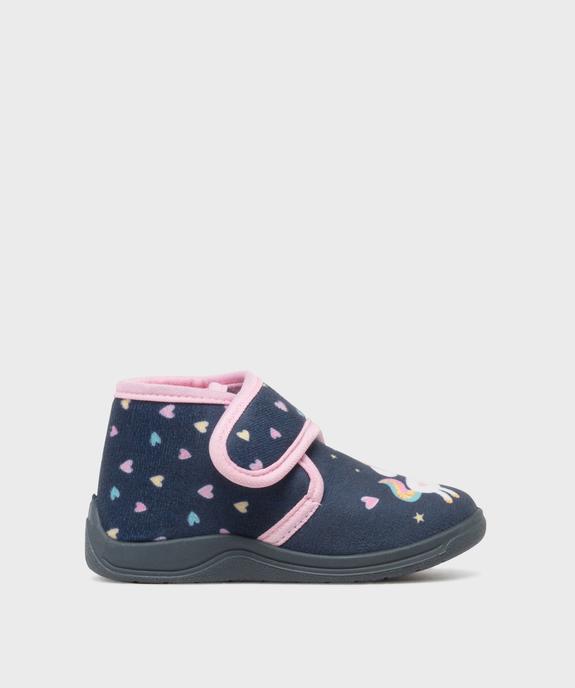Chaussons en velours montant à scratch imprimé licorne fille vue1 - GEMO (ENFANT) - GEMO