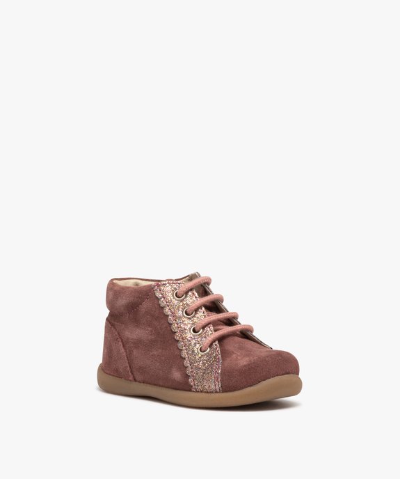 Chaussures premiers pas bébé fille unies en cuir suédé et à paillettes vue2 - PREMIER PRIX BY GEMO - GEMO