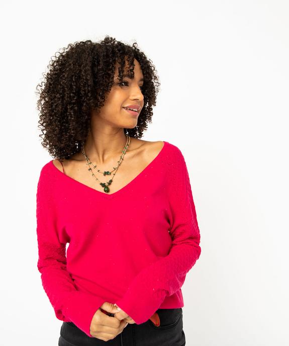 Pull avec double col V et manches fantaisie femme vue2 - GEMO(FEMME PAP) - GEMO