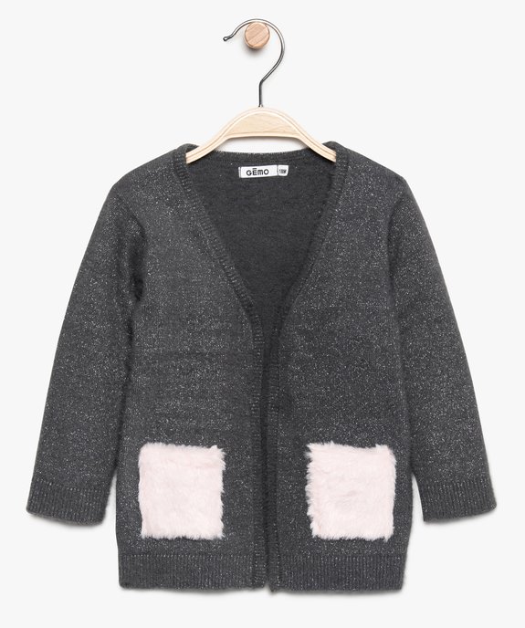Gilet bébé fille porté ouvert en maille duveteuse pailletée vue1 - GEMO(BEBE DEBT) - GEMO