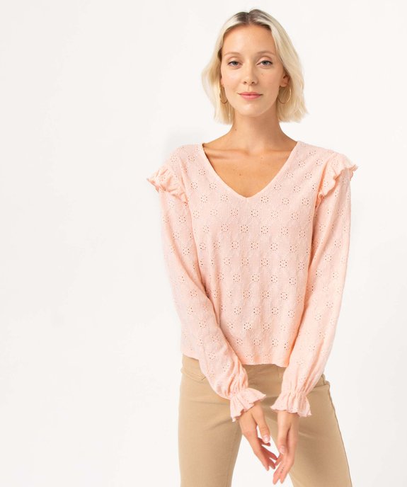 Tee-shirt femme à manches longues en maille ajourée  vue2 - GEMO(FEMME PAP) - GEMO