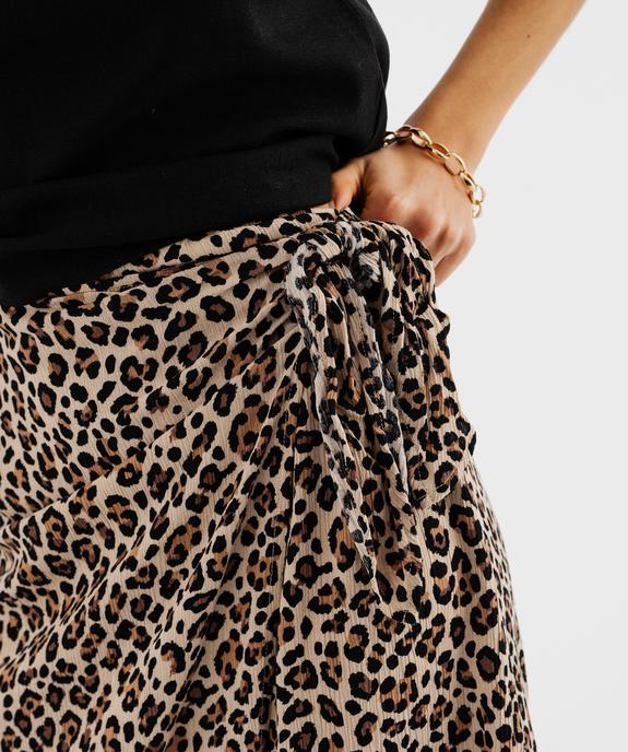 Jupe portefeuille longue en maille froissée imprimée léopard femme vue2 - GEMO 4G FEMME - GEMO