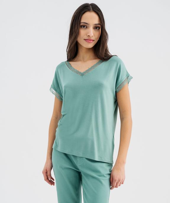Tee-shirt à manches courtes et col V en dentelle coupe loose femme vue2 - GEMO 4G FEMME - GEMO