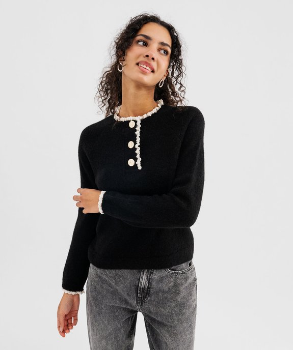 Pull à col boutonné et dentelle femme vue1 - GEMO(FEMME PAP) - GEMO