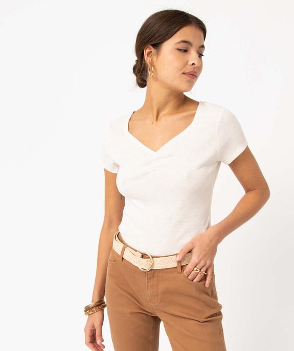 Tee-shirt femme en maille côtelée avec col V froncé vue1 - GEMO(FEMME PAP) - GEMO