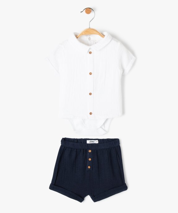 Ensemble bébé garçon 2 pièces : body chemise + short en gaze de coton vue1 - GEMO(BB COUCHE) - GEMO