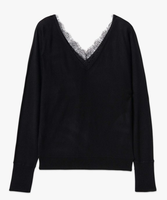 Pull femme en maille fine avec double col V bordé de dentelle vue4 - GEMO 4G FEMME - GEMO