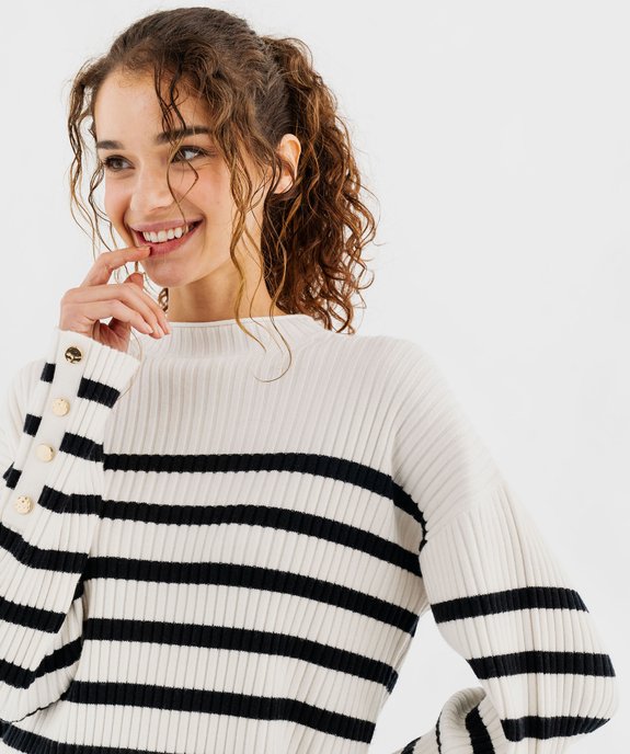 Pull rayé en maille côtelée à col rond femme vue2 - GEMO(FEMME PAP) - GEMO