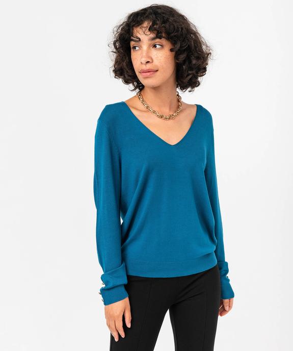 Pull en maille fine à col V et boutons fantaisie femme vue1 - GEMO 4G FEMME - GEMO
