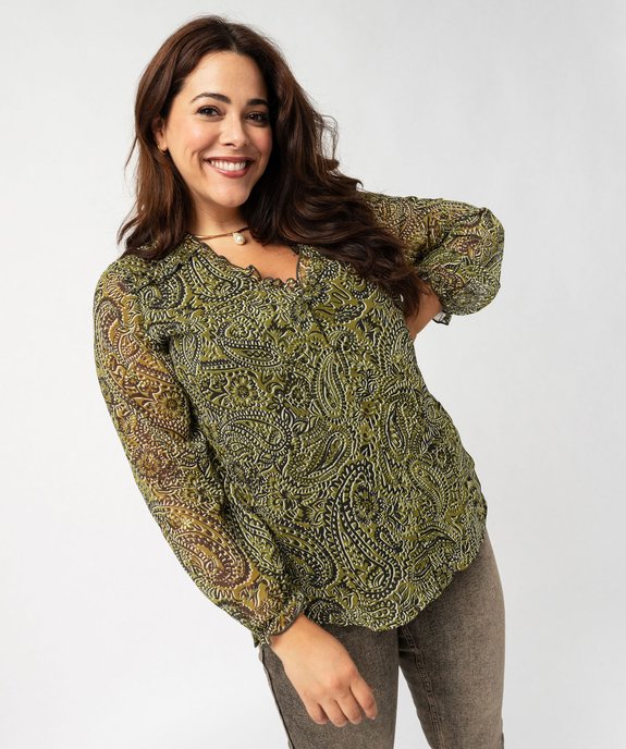 Chemise en voile imprimé à col V volanté femme grande taille vue1 - GEMO (G TAILLE) - GEMO