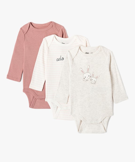 Bodies bébé fille à manches longues et col américain thème lapins (lot de 3) vue1 - GEMO 4G BEBE - GEMO