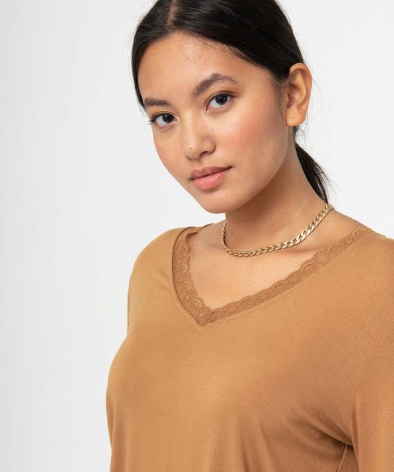 Tee-shirt femme à manches longues et col V en dentelle vue2 - GEMO 4G FEMME - GEMO