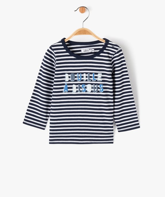 Tee-shirt à manches longues rayé avec message bébé garçon vue1 - GEMO(BEBE DEBT) - GEMO