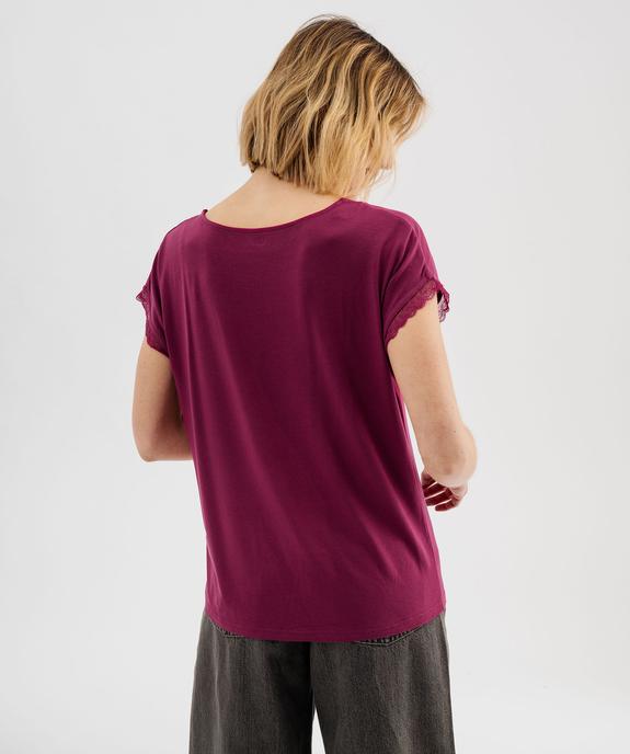 Tee-shirt à manches courtes et col V en dentelle coupe loose femme vue3 - GEMO 4G FEMME - GEMO