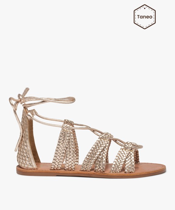 Sandales femme à talon plat laçage cheville en cuir - Tanéo vue1 - TANEO - GEMO
