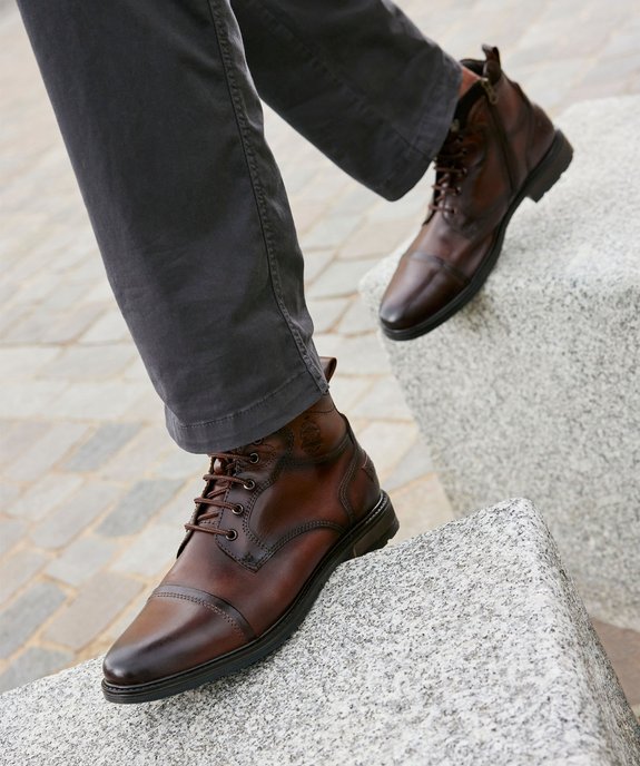 Boots homme dessus en cuir uni à zip et à lacets vue1 - GEMO (CASUAL) - GEMO