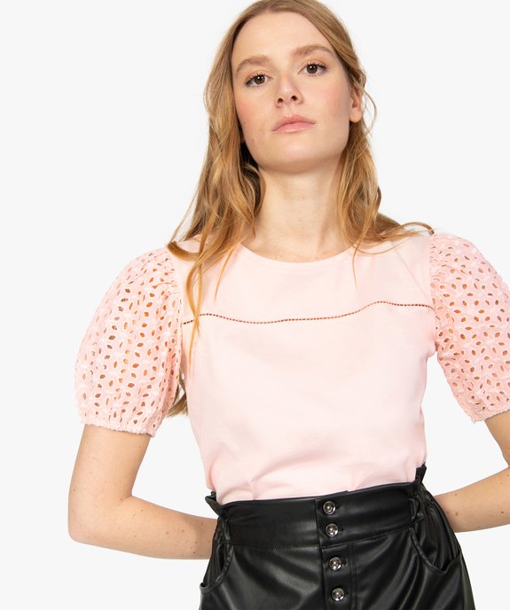 Tee-shirt femme à manches bouffantes en broderie anglaise vue2 - GEMO(FEMME PAP) - GEMO
