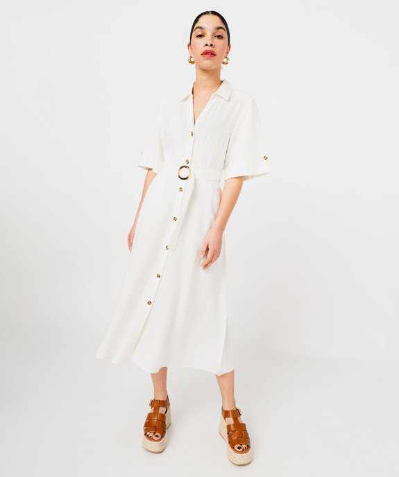 Robe chemise longue à manches courtes en lin et viscose femme vue1 - GEMO 4G FEMME - GEMO