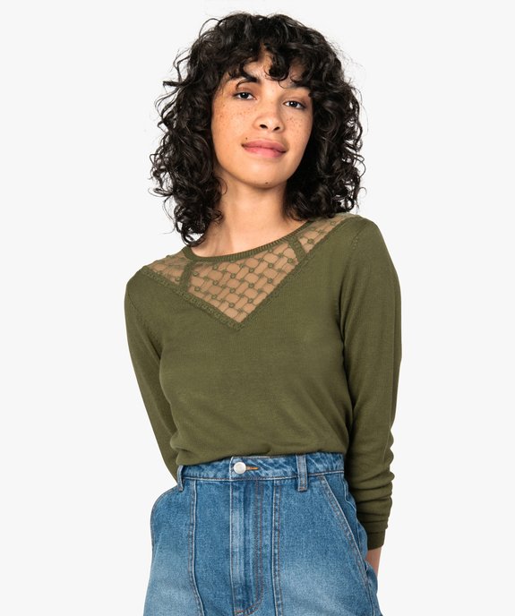 Pull femme en maille fine à décolleté dentelle vue1 - GEMO(FEMME PAP) - GEMO