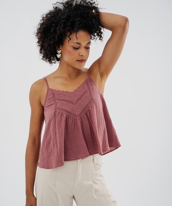 Top à bretelles en coton froissé à broderies et galon de dentelle femme vue1 - GEMO(FEMME PAP) - GEMO
