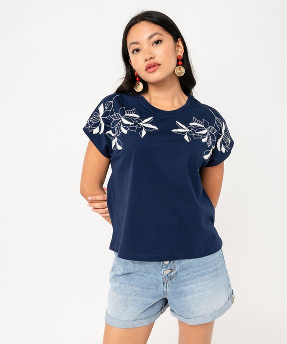 Tee-shirt manches courtes à broderies fleuries femme vue5 - GEMO(FEMME PAP) - GEMO