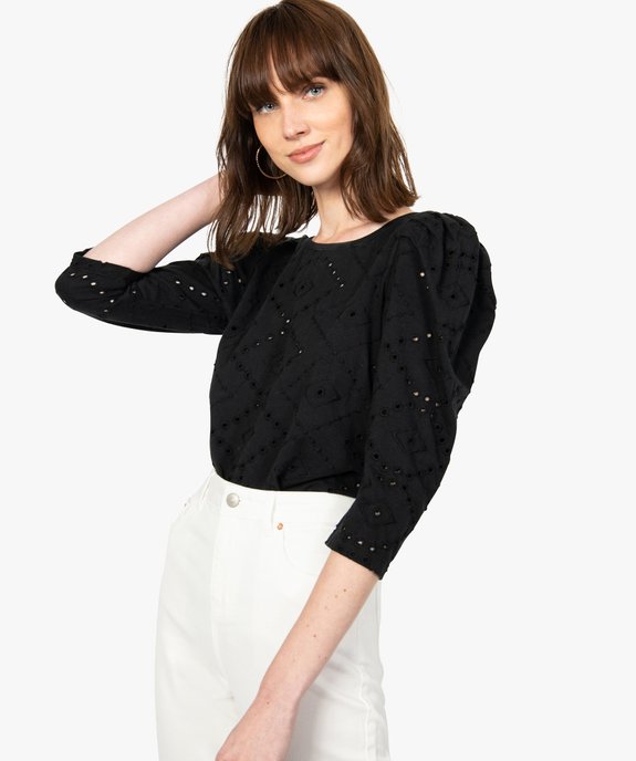 Tee-shirt femme en broderie anglaise avec manches bouffantes vue1 - GEMO(FEMME PAP) - GEMO