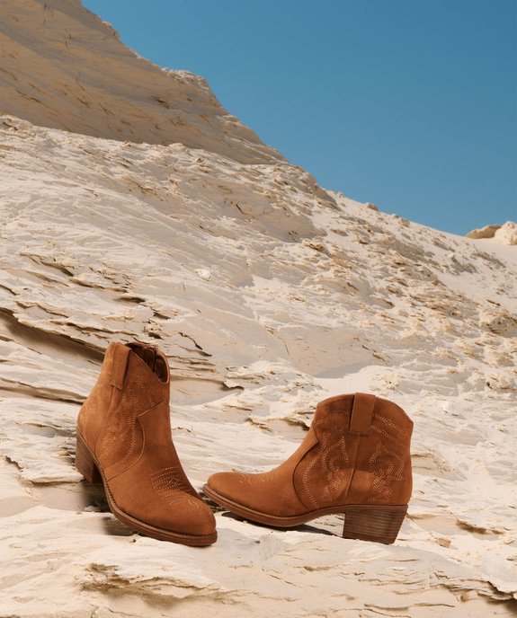 Boots santiags à talon en suédine brodée femme vue1 - GEMO (CASUAL) - GEMO