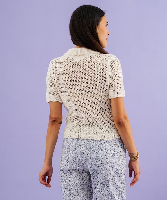 Pull manches courtes en maille ajourée à col Claudine boutonné femme vue1 - GEMO 4G FEMME - GEMO