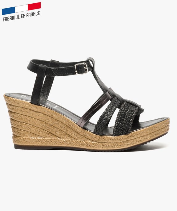 Sandales en cuir bride en T à talon compensé vue1 - GEMO(URBAIN) - GEMO