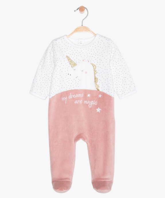 Pyjama bébé en velours motif licorne à pont-dos pressionné vue1 - GEMO(BB COUCHE) - GEMO