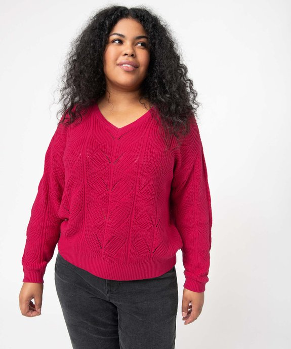 Pull femme grande taille en maille ajourée fantaisie et col V vue1 - GEMO (G TAILLE) - GEMO