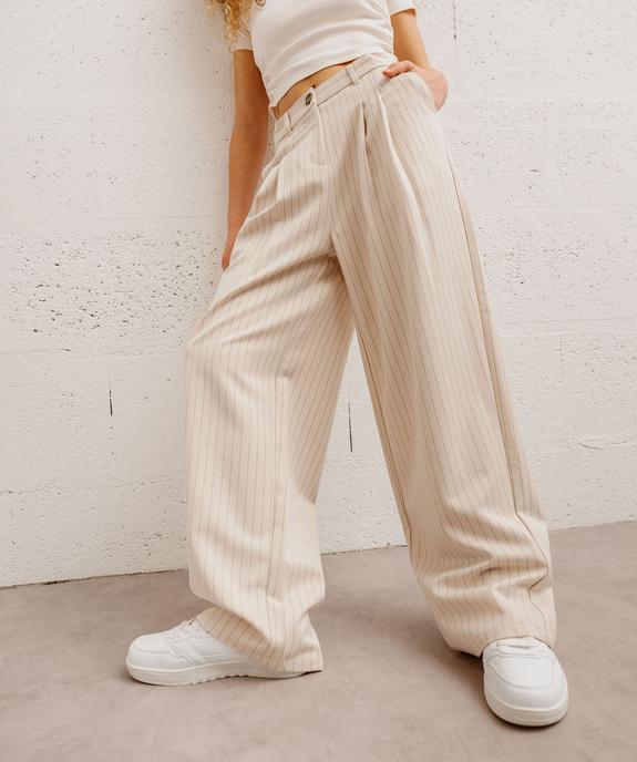 Pantalon large et souple à taille haute et fines rayures fille vue1 - GEMO (JUNIOR) - GEMO
