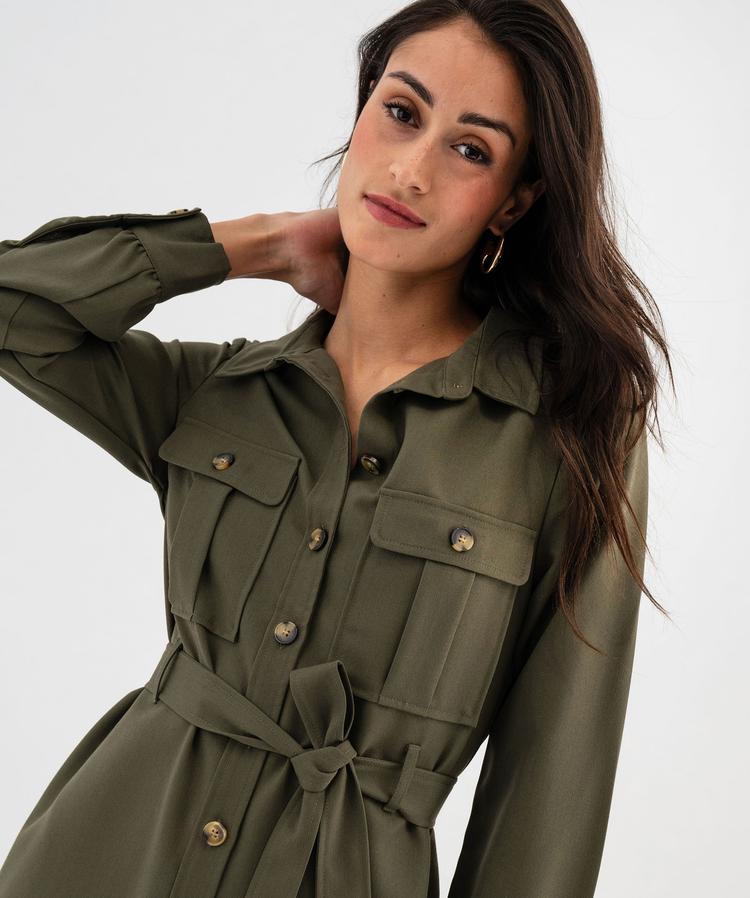 Robe chemise manches longues esprit saharienne femme vert kaki | GEMO